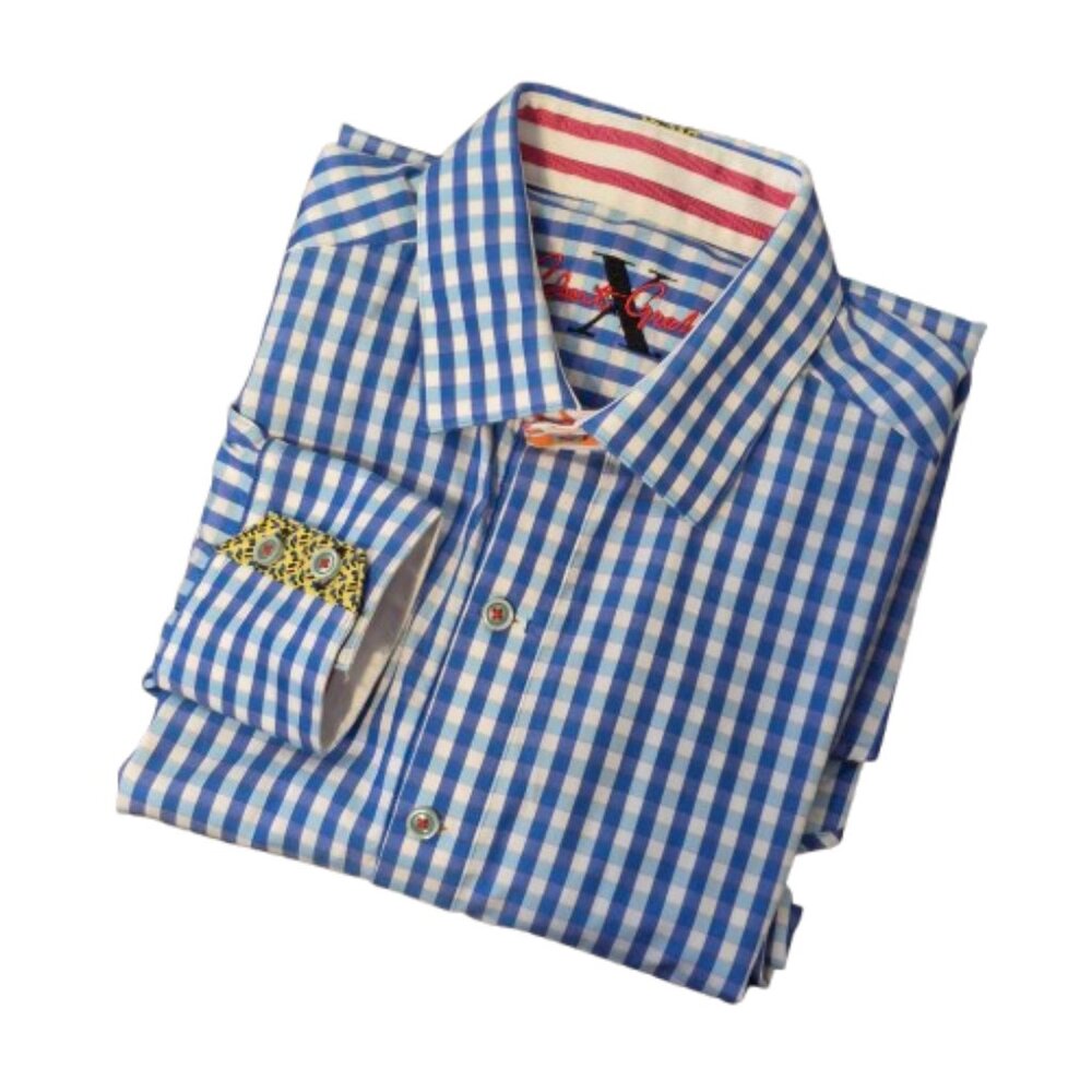 Robert Graham X Shirt Blue Gingham Check with Red Stripe & Yellow Accents Medium